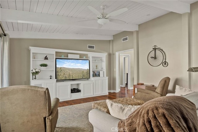 1330 S Center St, Redlands, CA 92373 - living room with dark wood-style flooring, ceiling fan, wood ceiling, and baseboards