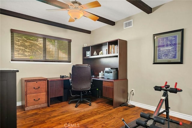 1330 S Center St, Redlands, CA 92373 - office space featuring wood finished floors, beam ceiling, ceiling fan, and baseboards