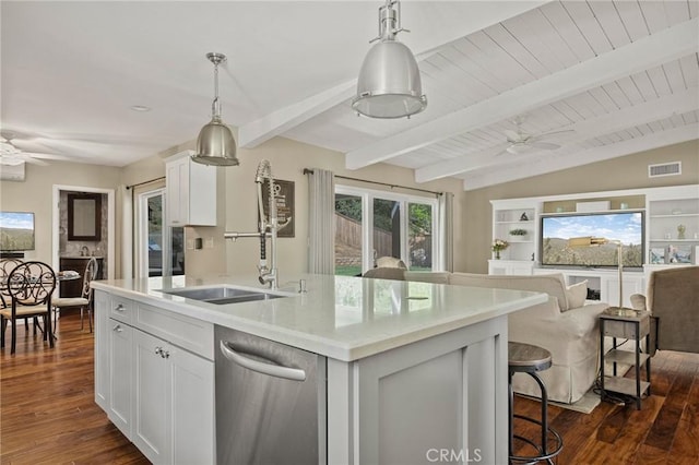 1330 S Center St, Redlands, CA 92373 - kitchen with a ceiling fan, dishwasher, open floor plan, and a center island with sink