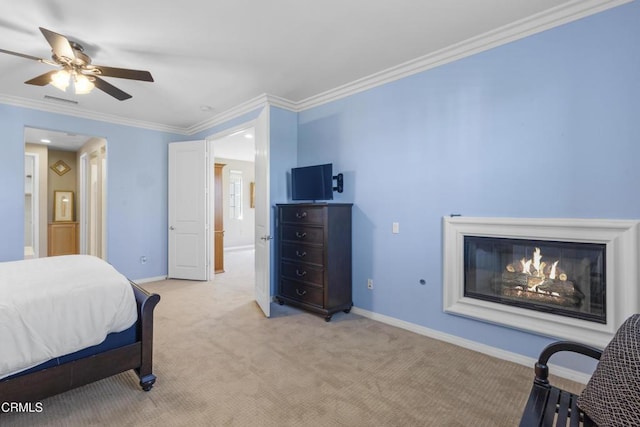 1315 Donegal Way, Oxnard, CA 93035 - bedroom with light colored carpet, ornamental molding, and ceiling fan
