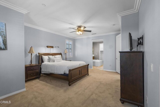 1315 Donegal Way, Oxnard, CA 93035 - bedroom featuring light carpet, crown molding, ensuite bathroom, and ceiling fan
