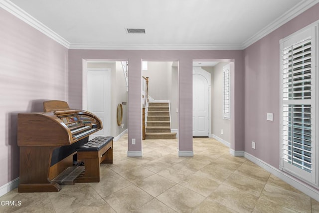 1315 Donegal Way, Oxnard, CA 93035 - living area featuring crown molding, stairs, and light tile patterned floors