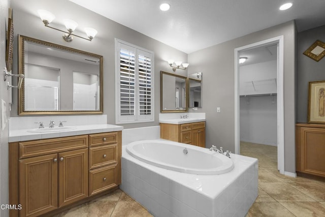 1315 Donegal Way, Oxnard, CA 93035 - bathroom with a bath, two vanities, tile patterned flooring, a shower, and recessed lighting