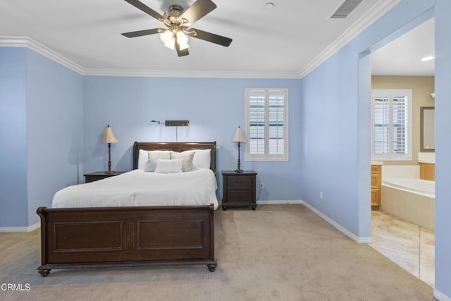 1315 Donegal Way, Oxnard, CA 93035 - carpeted bedroom with ornamental molding, connected bathroom, and ceiling fan