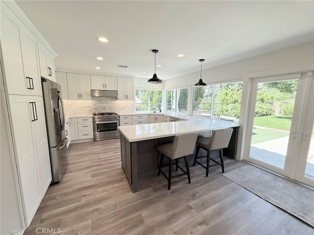26871 Recodo Ln, Mission Viejo, CA 92691 - kitchen with appliances with stainless steel finishes, under cabinet range hood, a sink, light countertops, and white cabinetry