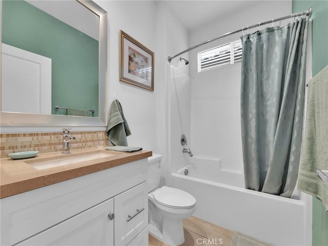 12347 N Aragon Way, Sylmar, CA 91342 - bathroom featuring shower / bath combo, vanity, toilet, tasteful backsplash, and tile patterned floors
