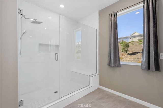 28709 Wildflower, Castaic, CA 91384 - bathroom featuring a stall shower, baseboards, and recessed lighting