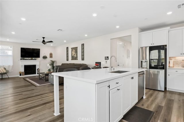 28709 Wildflower, Castaic, CA 91384 - kitchen with stainless steel appliances, a sink, a fireplace with raised hearth, wood finished floors, and recessed lighting