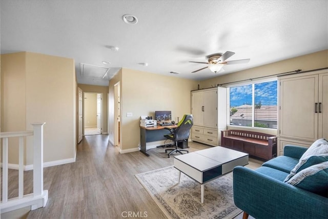 19454 Copper Ridge St, Perris, CA 92570 - office with attic access, light wood-type flooring, ceiling fan, and recessed lighting