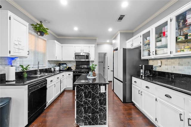 13279 Coffeetree St, Moreno Valley, CA 92553 - kitchen featuring black appliances, a sink, backsplash, crown molding, and dark wood-style floors