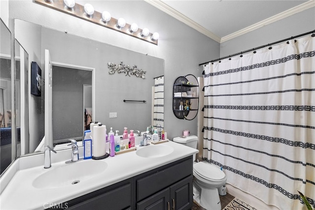 13279 Coffeetree St, Moreno Valley, CA 92553 - bathroom with ornamental molding, toilet, double vanity, wood finished floors, and a shower with curtain