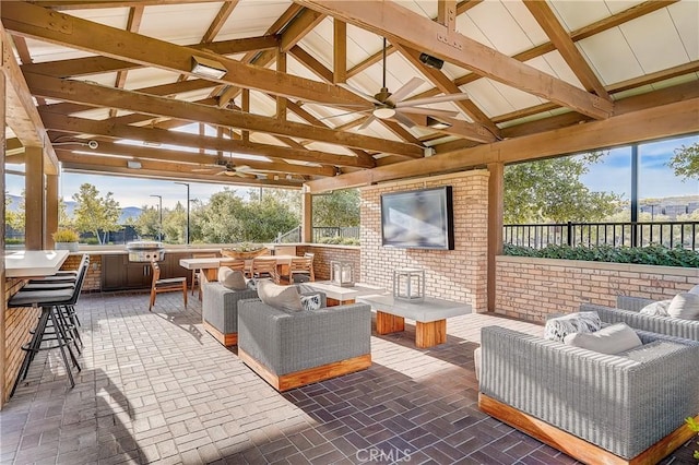 24190 Evesong Dr, Corona, CA 92883 - view of patio / terrace with outdoor lounge area, a gazebo, a ceiling fan, an outdoor bar, and area for grilling