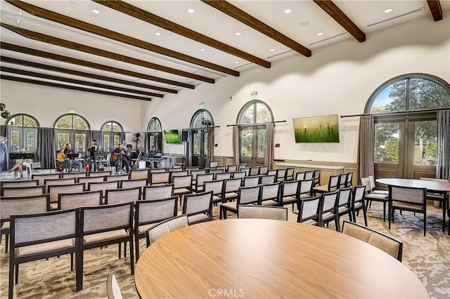 24190 Evesong Dr, Corona, CA 92883 - dining area featuring beamed ceiling, healthy amount of natural light, a towering ceiling, recessed lighting, and french doors