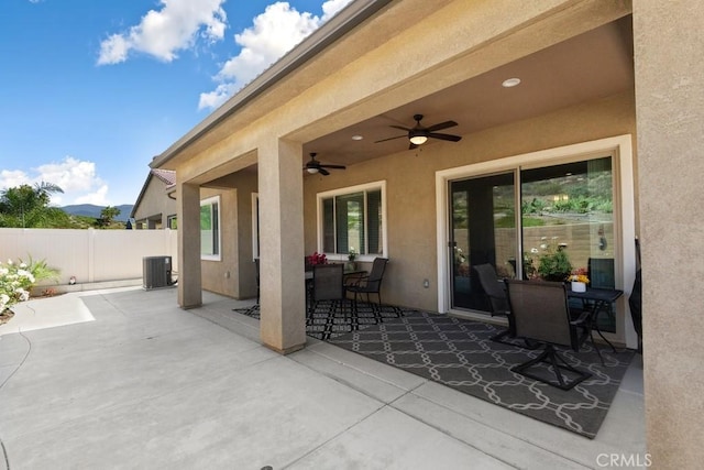 24190 Evesong Dr, Corona, CA 92883 - view of patio / terrace featuring outdoor dining space, ceiling fan, and central AC unit