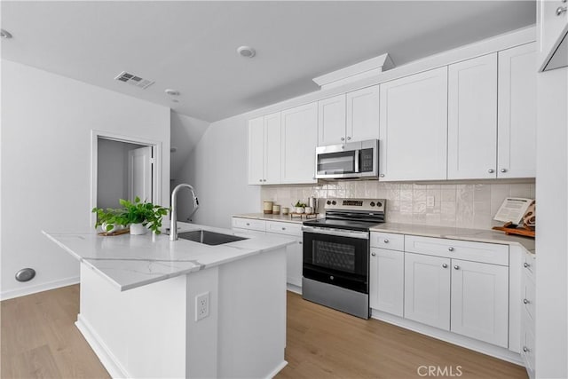 94231/2 N Sepulveda Blvd Unit 4, North Hills, CA 91343 - kitchen featuring appliances with stainless steel finishes, a sink, light wood-style flooring, backsplash, and white cabinetry