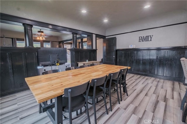 5837 Esperanza Ave, Whittier, CA 90606 - kitchen featuring decorative columns, light wood-style flooring, recessed lighting, and ceiling fan