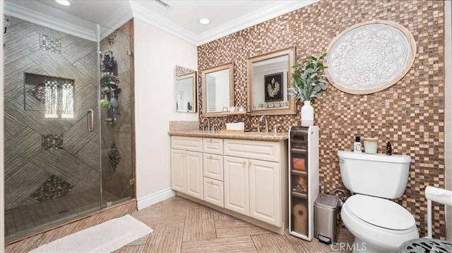 17623 Pine Ave, Fontana, CA 92335 - full bath with a shower stall, vanity, crown molding, toilet, and backsplash