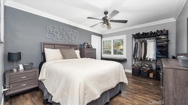 17623 Pine Ave, Fontana, CA 92335 - bedroom featuring ornamental molding, dark wood-style floors, ceiling fan, and baseboards