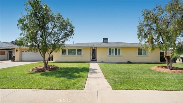17623 Pine Ave, Fontana, CA 92335 - ranch-style house with stucco siding, a garage, a front lawn, and concrete driveway