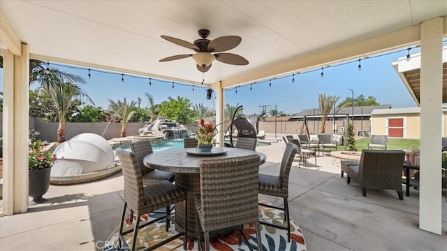 17623 Pine Ave, Fontana, CA 92335 - fenced backyard featuring outdoor dining area, a patio, and ceiling fan
