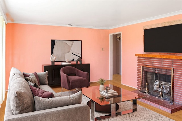 10249 Deveron Dr, Whittier, CA 90601 - living room featuring wood finished floors, crown molding, and a fireplace