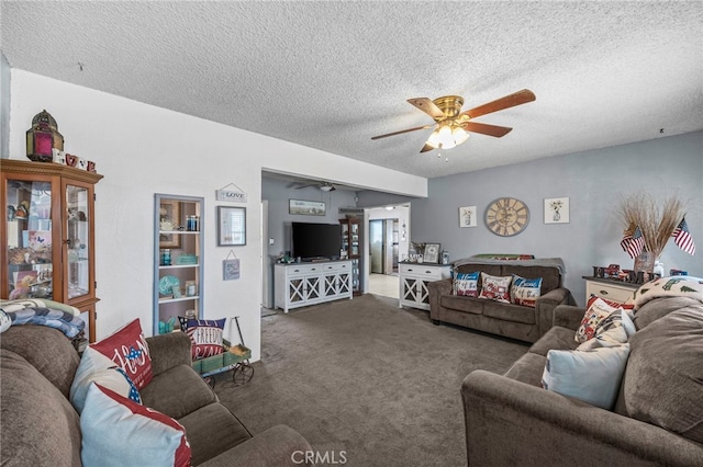 4909 Sepulveda Ave, San Bernardino, CA 92404 - living area with ceiling fan, carpet floors, and a textured ceiling
