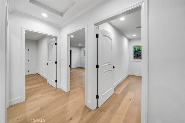 4637 Nagle Ave, Sherman Oaks, CA 91423 - corridor featuring light wood finished floors, attic access, recessed lighting, baseboards, and ornamental molding
