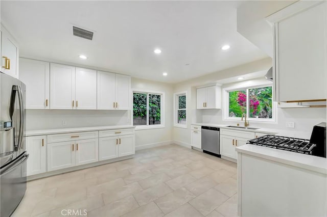 4637 Nagle Ave, Sherman Oaks, CA 91423 - kitchen featuring appliances with stainless steel finishes, a sink, light countertops, white cabinets, and recessed lighting