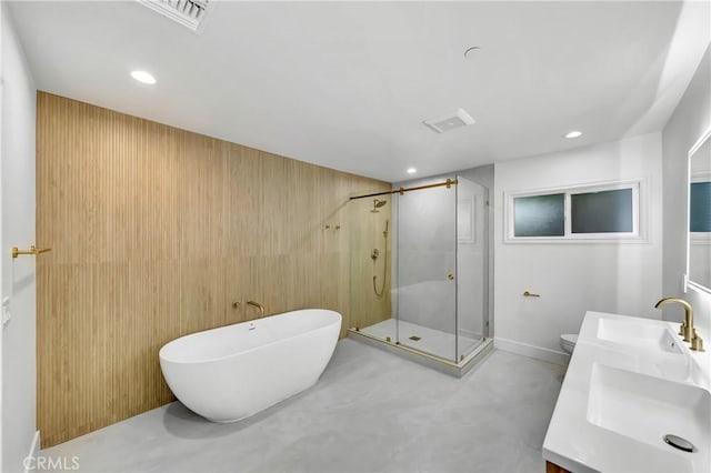 4637 Nagle Ave, Sherman Oaks, CA 91423 - full bathroom with a shower stall, a freestanding bath, double vanity, recessed lighting, and toilet