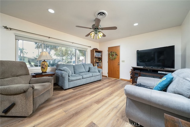 7191 Nixon Dr, Riverside, CA 92504 - living room featuring a ceiling fan, light wood-style floors, recessed lighting, and baseboards