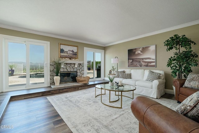 12983 Camden Ct, Moorpark, CA 93021 - living area featuring crown molding, healthy amount of natural light, wood finished floors, a fireplace, and baseboards