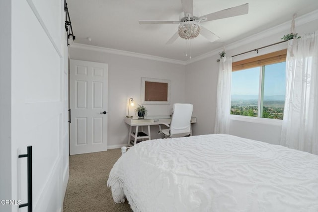 12983 Camden Ct, Moorpark, CA 93021 - carpeted bedroom with ornamental molding, baseboards, a ceiling fan, and a barn door