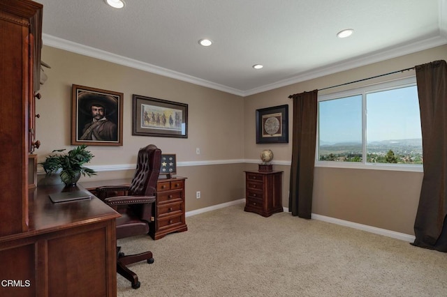 12983 Camden Ct, Moorpark, CA 93021 - office area with light colored carpet, recessed lighting, crown molding, and baseboards