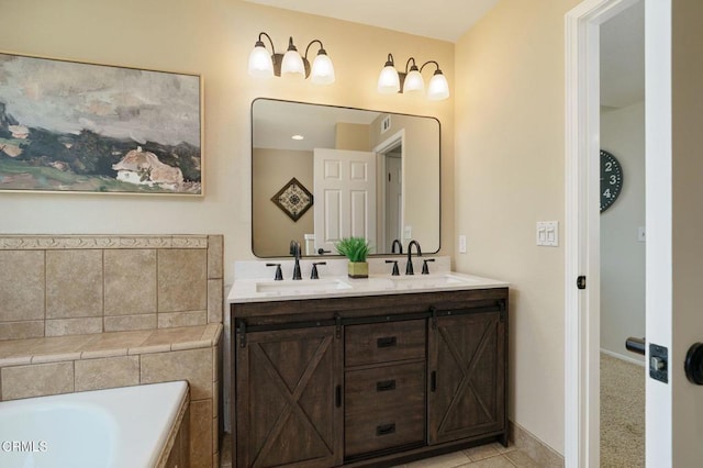 12983 Camden Ct, Moorpark, CA 93021 - full bathroom featuring double vanity, a garden tub, and tile patterned floors