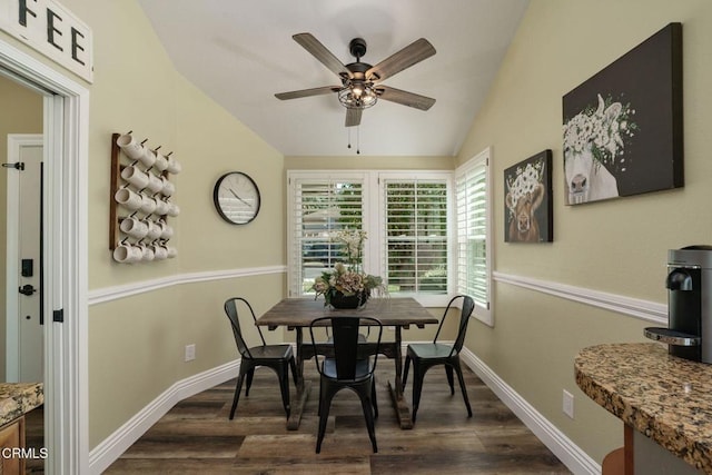 12983 Camden Ct, Moorpark, CA 93021 - dining area featuring vaulted ceiling, a ceiling fan, dark wood-style floors, and baseboards