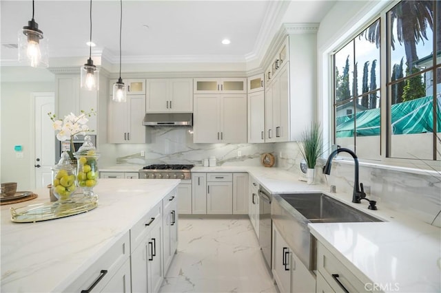 5305 Glickman Ave, Temple City, CA 91780 - kitchen featuring under cabinet range hood, a sink, stainless steel appliances, light marble finish flooring, and hanging light fixtures