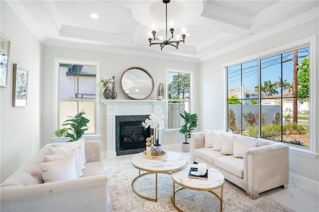 5305 Glickman Ave, Temple City, CA 91780 - living room featuring a chandelier, a high end fireplace, marble finish floors, coffered ceiling, and recessed lighting