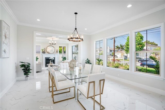 5305 Glickman Ave, Temple City, CA 91780 - dining room featuring a chandelier, light marble finish flooring, recessed lighting, baseboards, and ornamental molding