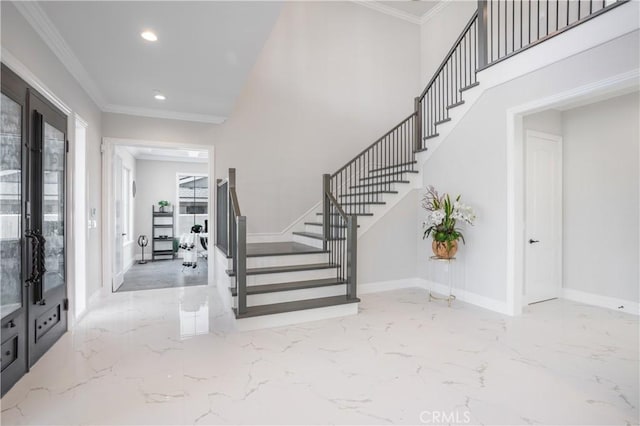 5305 Glickman Ave, Temple City, CA 91780 - foyer featuring stairway, recessed lighting, marble tiled flooring, baseboards, and ornamental molding