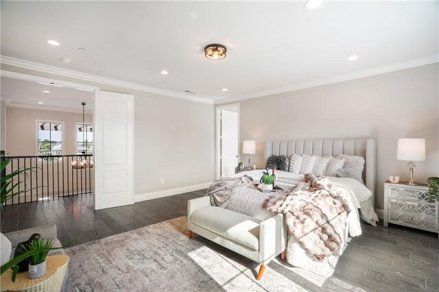 5305 Glickman Ave, Temple City, CA 91780 - bedroom featuring a chandelier, wood finished floors, recessed lighting, baseboards, and ornamental molding