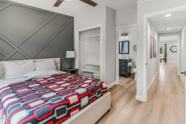 7745 Geyser Ave, Reseda, CA 91335 - bedroom featuring light wood finished floors, baseboards, a closet, recessed lighting, and ceiling fan