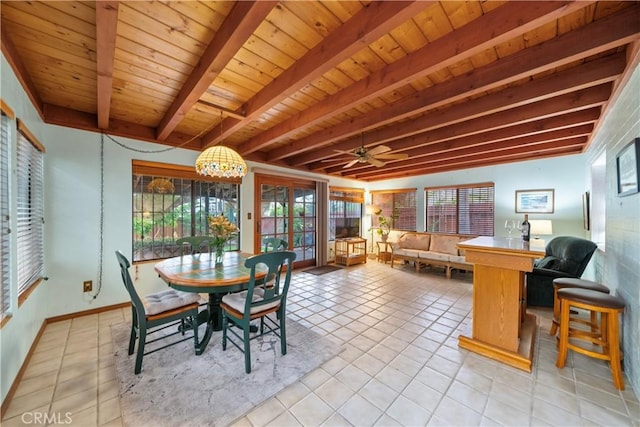 2324 Manchester Ave, Cardiff By The Sea, CA 92007 - dining space featuring light tile patterned floors, wooden ceiling with exposed beams, baseboards, and ceiling fan