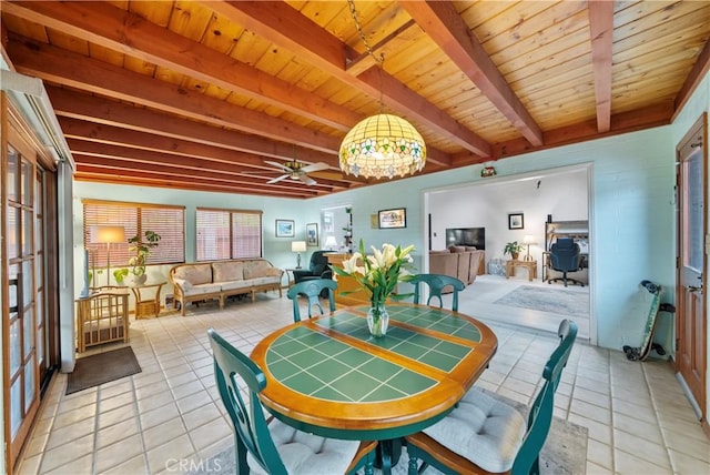 2324 Manchester Ave, Cardiff By The Sea, CA 92007 - dining area featuring wooden ceiling with exposed beams, light tile patterned floors, ceiling fan, and a chandelier