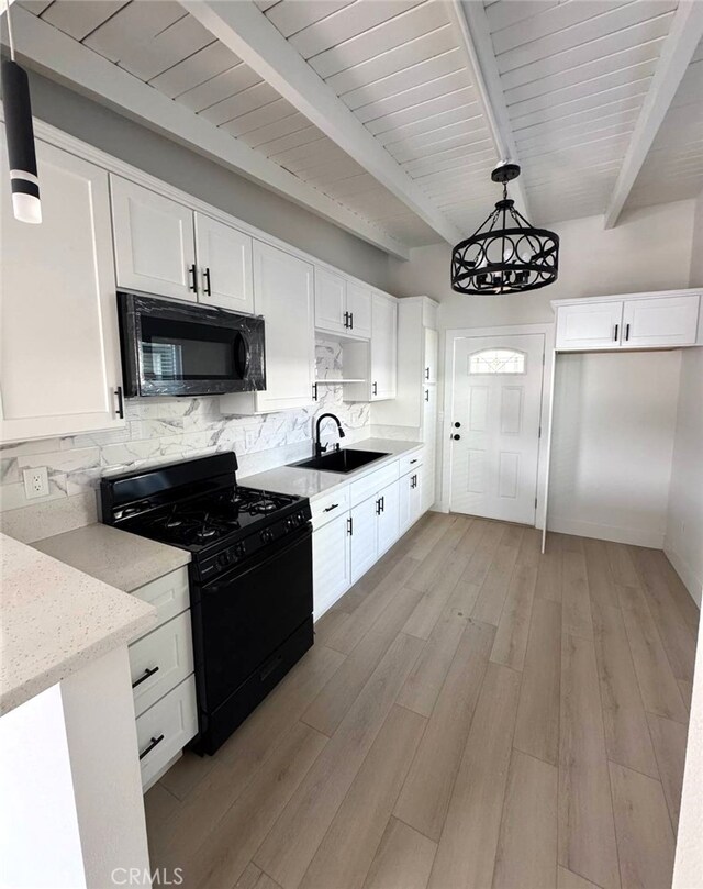18623 11th St, Bloomington, CA 92316 - kitchen with black appliances, a sink, decorative backsplash, light wood-style flooring, and wood ceiling with exposed beams