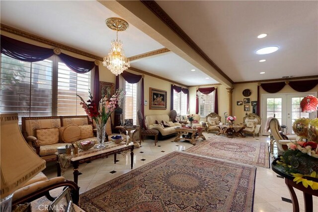 40203 Grenache Ct, Murrieta, CA 92563 - living area with crown molding, light tile patterned floors, plenty of natural light, and recessed lighting