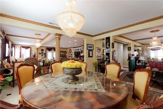 40203 Grenache Ct, Murrieta, CA 92563 - tiled dining space featuring decorative columns, plenty of natural light, a chandelier, and crown molding