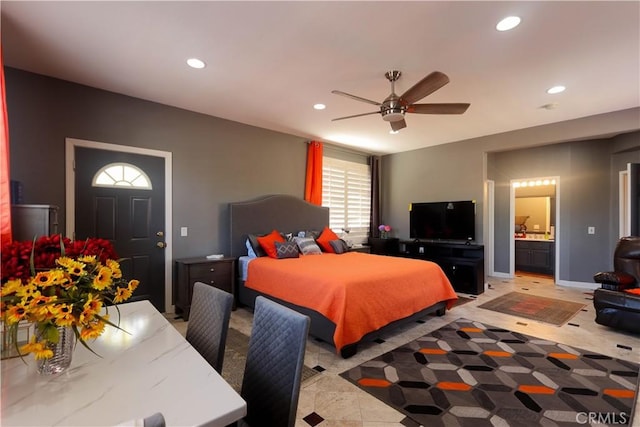 40203 Grenache Ct, Murrieta, CA 92563 - bedroom featuring recessed lighting, ensuite bath, and a ceiling fan