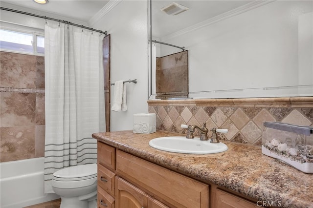1205 S Catalina Ave S Unit A, Redondo Beach, CA 90277 - full bath with vanity, crown molding, toilet, shower / bathtub combination with curtain, and tasteful backsplash