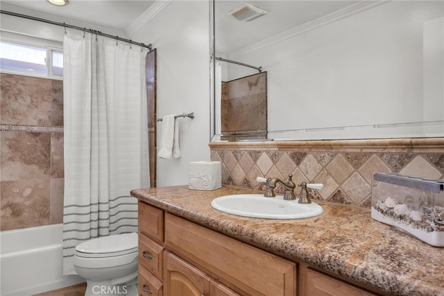 1205 S Catalina Ave S Unit A, Redondo Beach, CA 90277 - full bath with ornamental molding, vanity, shower / bathtub combination with curtain, and decorative backsplash
