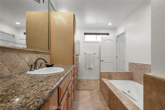 1205 S Catalina Ave S Unit A, Redondo Beach, CA 90277 - full bathroom featuring ornamental molding, tasteful backsplash, vanity, a tub with jets, and recessed lighting